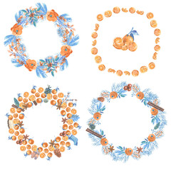 Set of wreaths with orange tangerines botany elements, spices and Christmas items, made in the technique of colored pencils. Hand drawn.