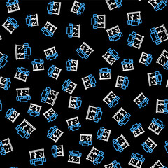 Obraz premium Line Shopping building or market store icon isolated seamless pattern on black background. Shop construction. Vector