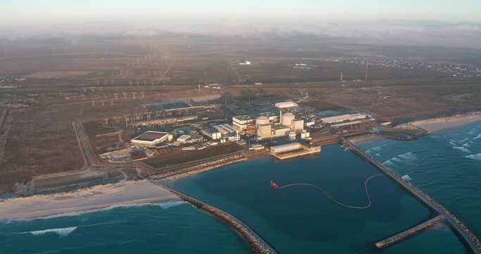 Aerial View. Nuclear Power Plant Production Clean Energy From Source Renewable Energy. Industrial Zone With Power Station Atomic Energy Production, Cape Town, South Africa.