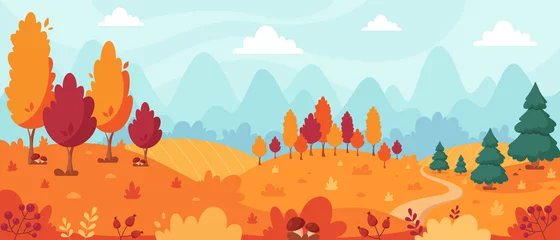 Poster Autumn landscape with trees, mountains, fields, leaves. Countryside landscape. Autumn background. Vector illustration © Amahce