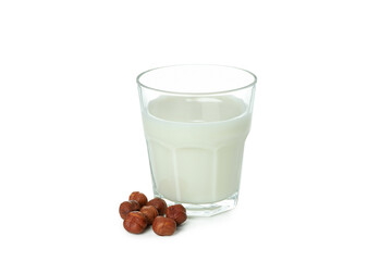 Glass of milk and nuts isolated on white background