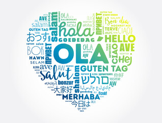 OLA (Hello Greeting in Portuguese) love heart word cloud in different languages of the world