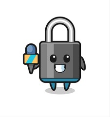 Character mascot of padlock as a news reporter