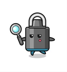 padlock cartoon character searching with a magnifying glass