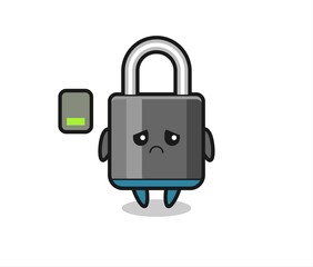 padlock mascot character doing a tired gesture