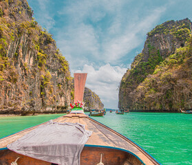 Krabi Thailand. March 23, 2021Long boat and blue water at Maya bay in Phi Phi Island