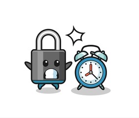 Cartoon Illustration of padlock is surprised with a giant alarm clock