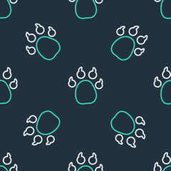 Line Paw print icon isolated seamless pattern on black background. Dog or cat paw print. Animal track. Vector