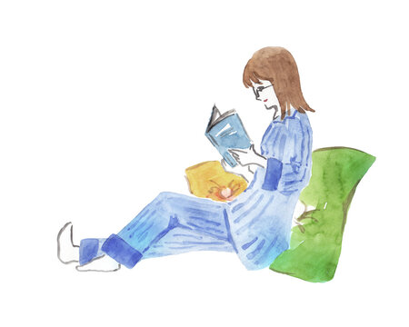 recommend clip art: パジャマ姿で読書する女性　水彩イラスト