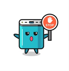 power bank character illustration holding a stop sign