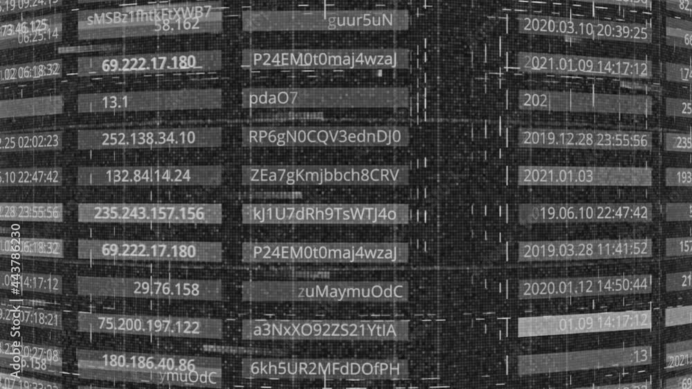 Aufkleber database with passwords. animation. data with ip addresses and passwords in table rows. computer dat