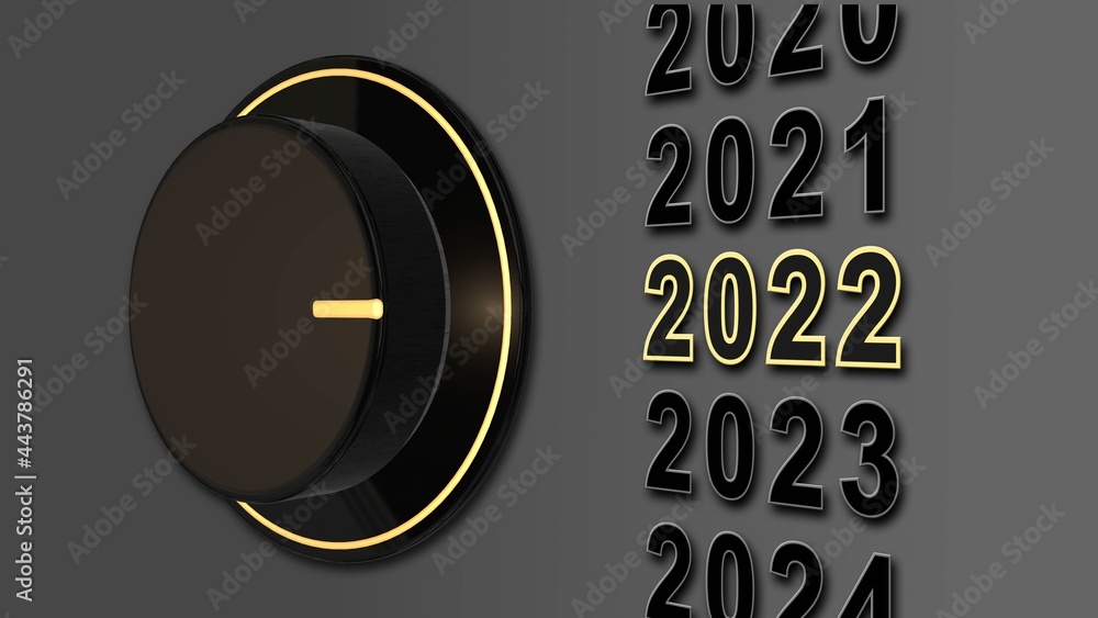 Poster 2022 new year change - rotary switch points on scale with year digits to number 2022 - 3d illustrati