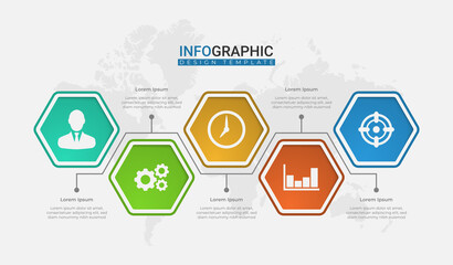 Trendy hexagonal options. Creative business presentation design for infographics in 5 steps. Graphic resource elements suitable for workflow, annual report, graph, layouts, brochure, business report.