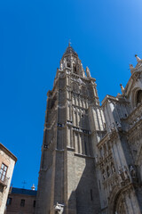 Detailed tower view at the gothic monument building Primate Cathedral of Saint Mary of Toledo
