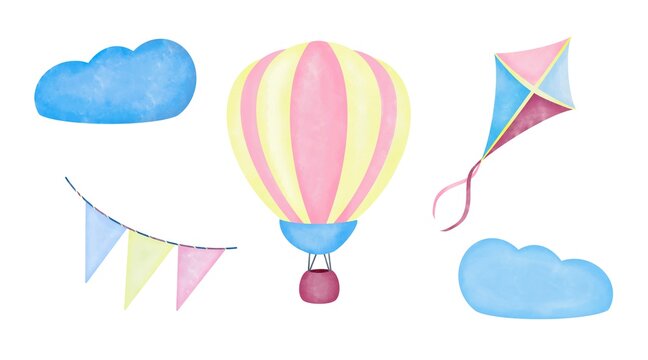 Air balloon kite and flags in the clouds on white background hand drawn digital illustration
