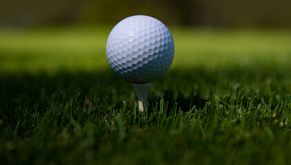 Close up golf ball on green grass field. Golf club.