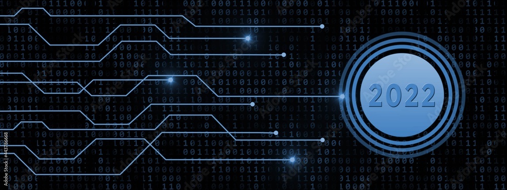 Poster new year 2022 - digits on button beside information connecting lines on binary code background - 3d 
