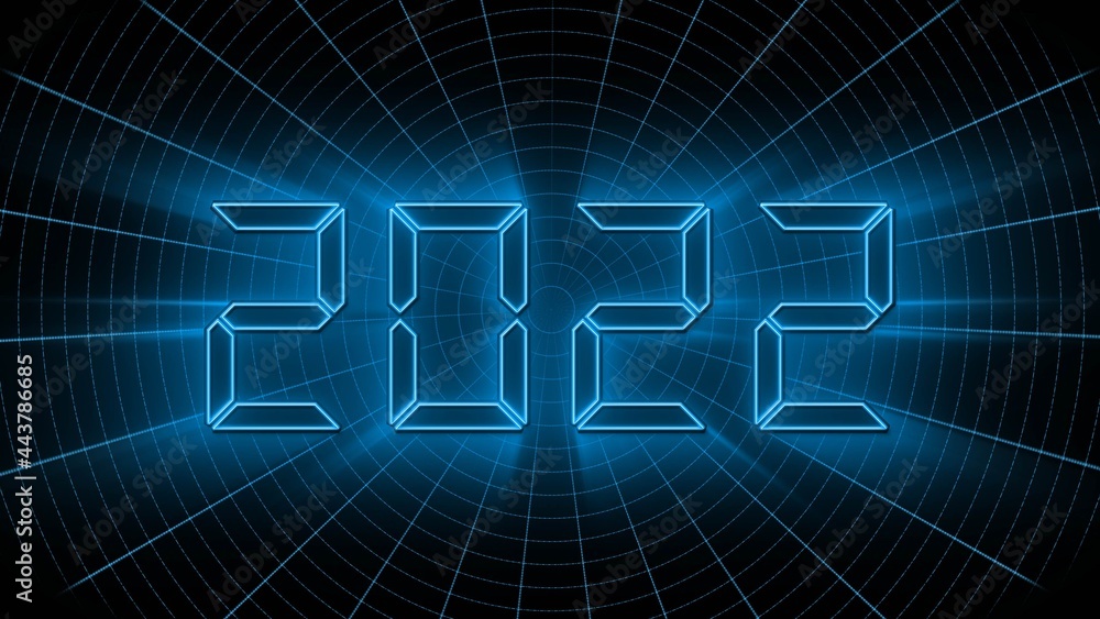 Poster year change 2022 - glowing blue year digits in digital font - abstract grid background in black - 3d