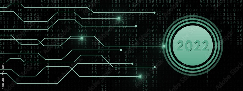 Poster new year 2022 - digits on button beside information connecting lines on binary code background - 3d 