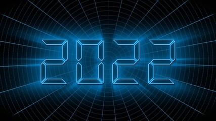 Year change 2022 - glowing blue year digits in digital font - abstract grid background in black - 3D illustration