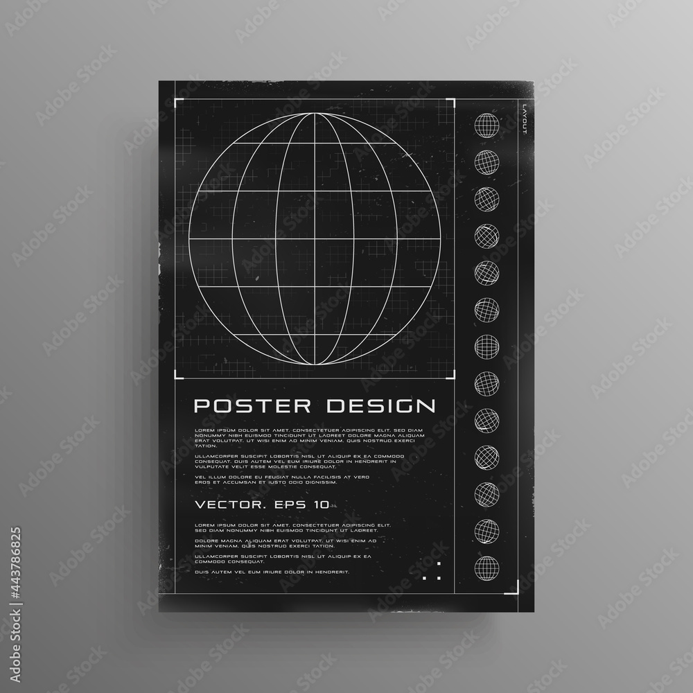 Poster retrofuturistic poster with hud elements. black and white poster design in cyberpunk style with wire