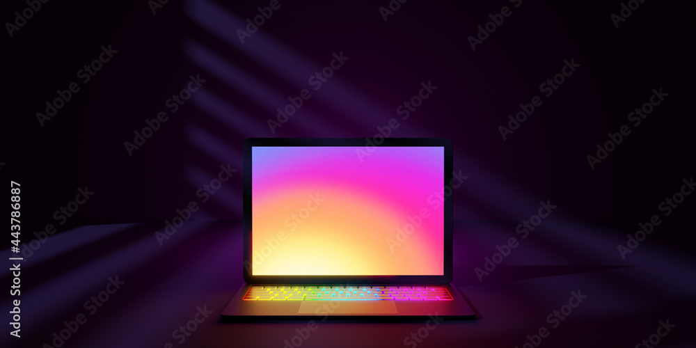 Poster 3d rendering illustration. laptop computer with colorful screen and keyboard place in the darkroom a