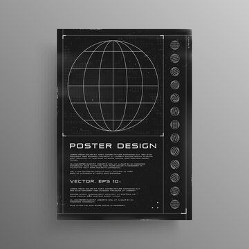 Retrofuturistic poster with HUD elements. Black and white poster design in cyberpunk style with wireframe planet and trendy cyber elements. Cover design template for music events. Vector