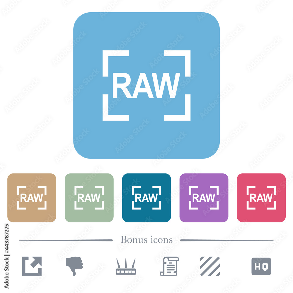 Poster camera raw image mode flat icons on color rounded square backgrounds