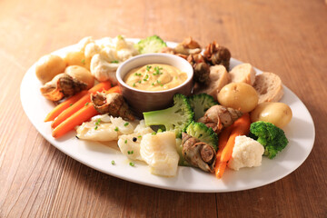 vegetable, fish and dipping sauce- aioli - obrazy, fototapety, plakaty