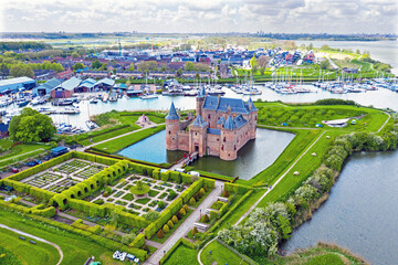 Aerial from the medieval Muiderslot castle at the IJsselmeer in the Netherlands