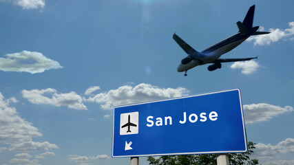 Plane landing in San Jose California, Costa Rica airport with signboard