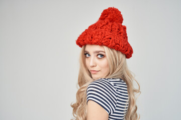 pretty blonde in red hat glamor fashion posing