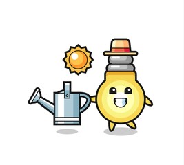 Cartoon character of light bulb holding watering can