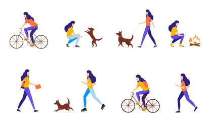 Fototapeta na wymiar Young woman doing different outdoor activities: running, cycling, rollerblading, walking with dog, traveling. Active and healthy lifestyle concept. Vector illustration in flat style. 