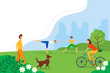 Naklejka premium City park with relaxed people. People doing yoga, cycling, walking the dogs. Summer vector illustration. Vacation concept.