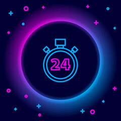 Glowing neon line Stopwatch 24 hours icon isolated on black background. All day cyclic icon. 24 hours service symbol. Colorful outline concept. Vector