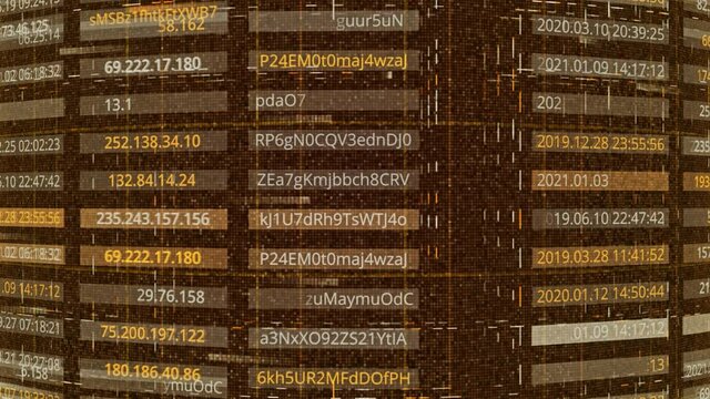 Hacking passwords and addresses. Animation. Passwords and addresses are publicly available after being hacked by hackers. Password configurations in tabular form with personal address data
