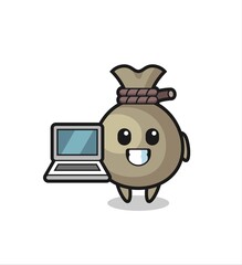 Mascot Illustration of money sack with a laptop