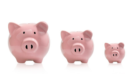 3 pink pig piggy banks on white background. Saving money. With clipping path.
