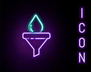 Glowing neon line Funnel or filter and motor oil drop icon isolated on black background. Colorful outline concept. Vector
