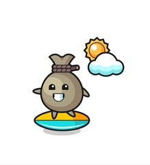 Illustration of money sack cartoon do surfing on the beach