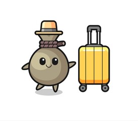 money sack cartoon illustration with luggage on vacation