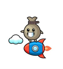 money sack mascot character riding a rocket