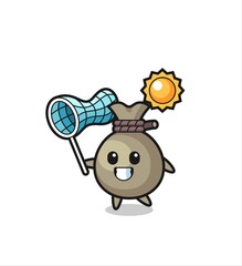 money sack mascot illustration is catching butterfly