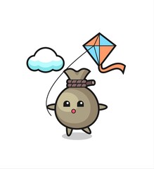 money sack mascot illustration is playing kite