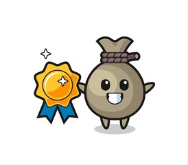 money sack mascot illustration holding a golden badge