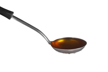 Hand holding noodle soup in dipper on white background, Soup for sukiyaki from chicken and fish