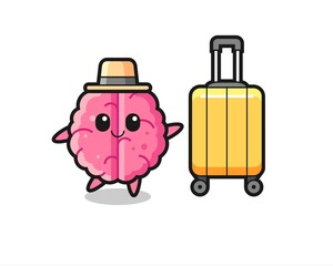 brain cartoon illustration with luggage on vacation