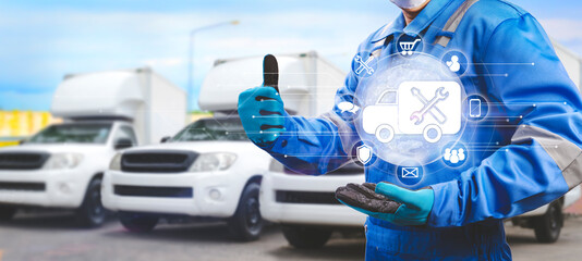 Delivery man holding fast truck express delivery and service icon, Online delivery service concept, online order tracking, delivery at home and office.