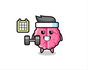 brain mascot cartoon doing fitness with dumbbell